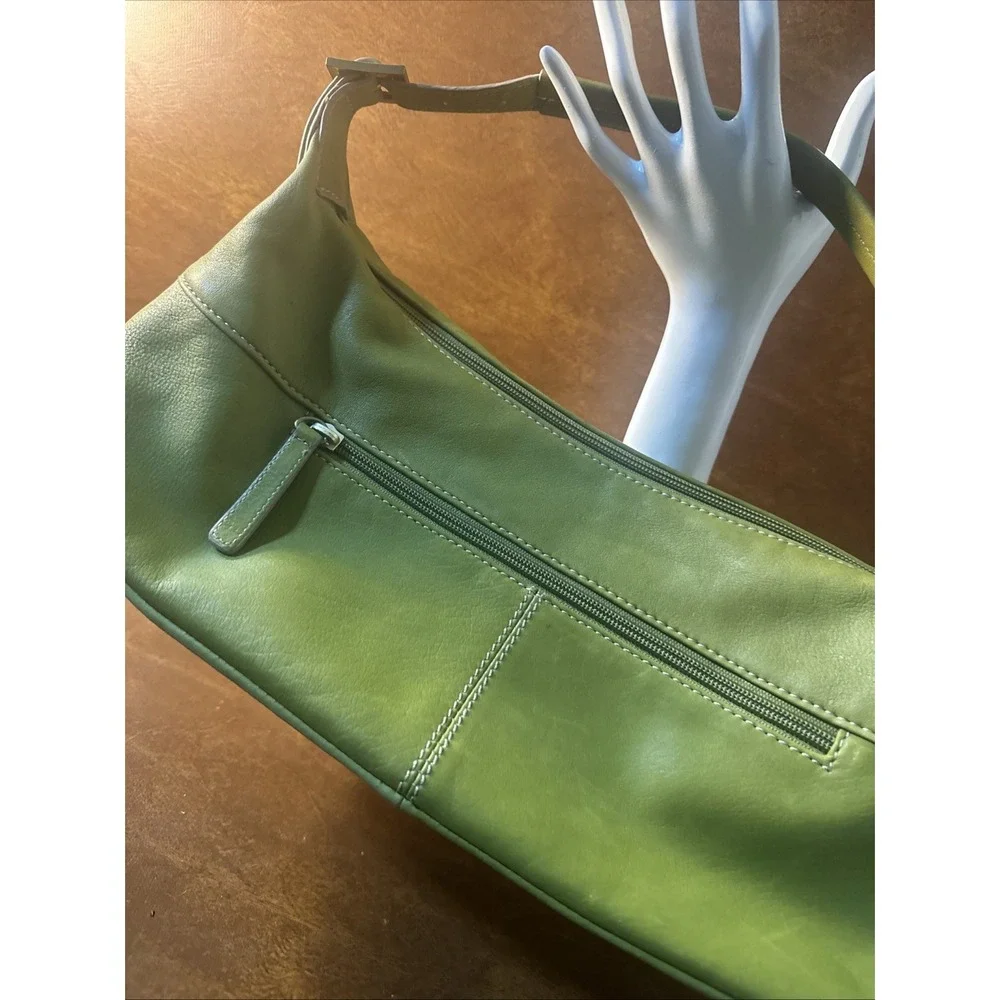 STONE MOUNTAIN GreenPebble Leather Baguette Purse Pink Lining
